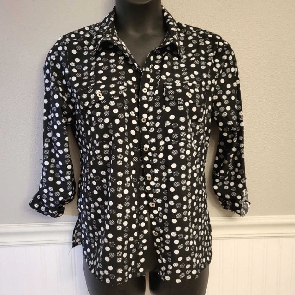 Black Notations Button Down White Polka Dot Dressy Blouse L